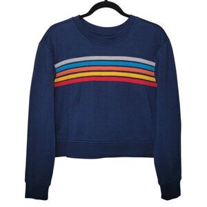Vanilla Star Navy Blue Retro Rainbow Stripe Cropped Sweatshirt Small